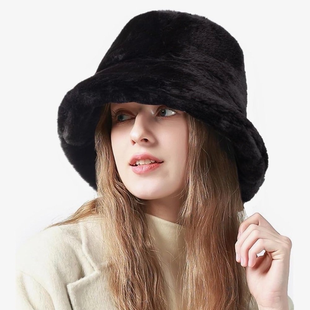 Elegant Black Faux Fur Bucket Hat